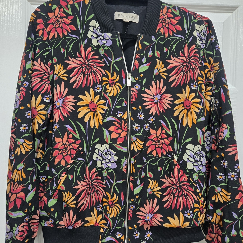 Philosophy Black Floral Bomber Jacket with Pink, Yellow & Purple Flowers